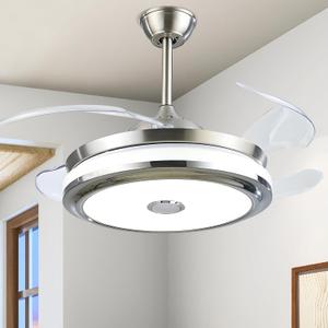 MORE CHANGE Retractable Crystal Ceiling Fans Light with Remote Control, Chandelier Ceiling Fan 36 inch Fandelier(Silver)