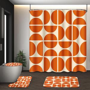 Orange Boho Mid Century Shower Curtain Set with Toilet Lid Cover and Non-Slip Rugs, Abstract Geometric Art 4 Pcs Modern Minimalist Vintage Shower Curtain for Bathroom Set with 12 Hooks