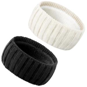 Knit Winter Headbands for Women Fuzzy Wool Fleece Lined Ear Warmers Elastic Turban Crocheted Head Wrap Winter Accessories for Women Cold Weather (2 Pcs Vertical Stripes: White, Black)