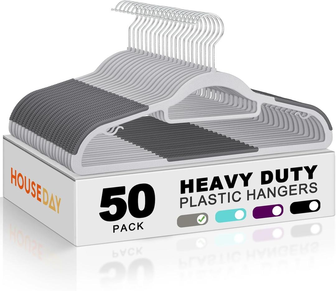 HOUSE DAY Plastic Hangers 50 Pack, Grey Plastic Clothes Hangers Non Slip with Rubber Grip, Heavy Duty Hanger with 360 Swivel Metal Hook, Ultra Thin Hangers Space Saving for Closet Organizer