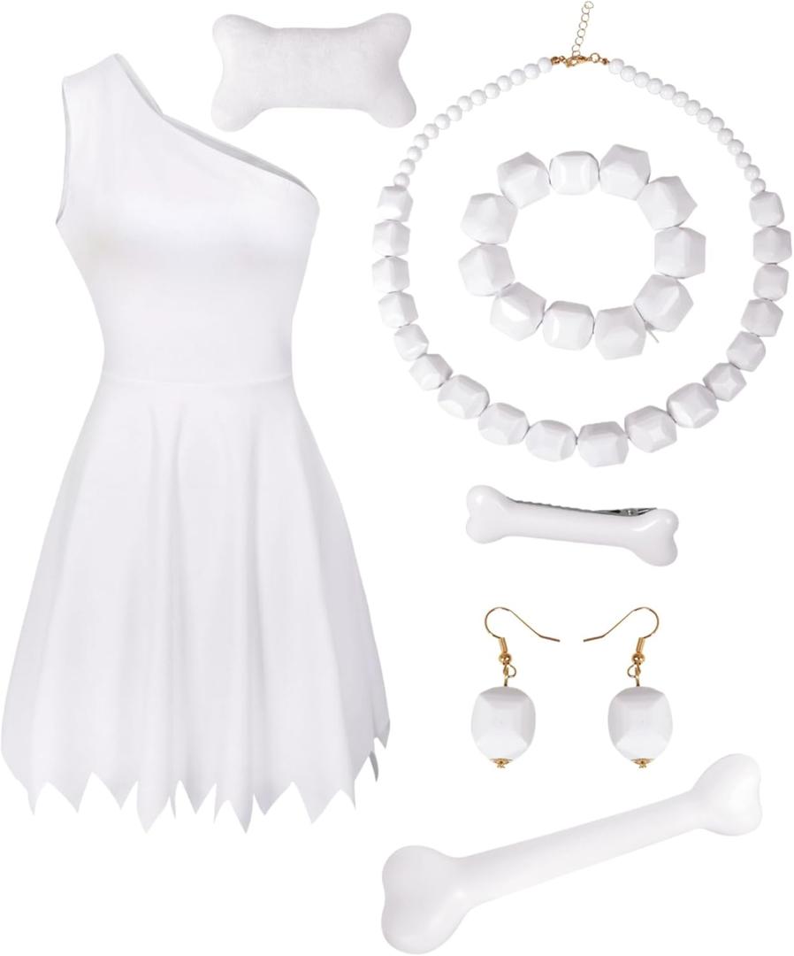Drofe The White Dress Set Includes A Dress, Necklace, Bracelet, Earrings, Hair Clip, Brooch, And Bone-Shaped Toy (Middle)