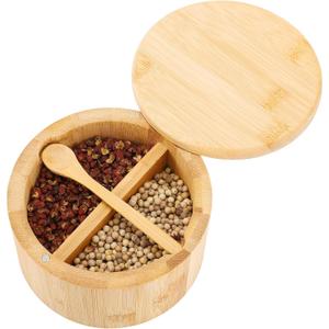 Natural bamboo Salt and Pepper Bowl, Bamboo Salt Cellar and Spices Storage Box With Built-in Spoon and Magnetic Swivel Lid (Two Compartments)