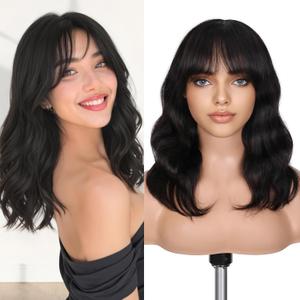 FAVE 14 Inches Human Hair Wig with Bangs Natural Wave Wig with Bangs Realistic 13 HD HD Lace Top,Natural Bangs and Color,Silk Texture