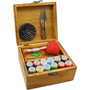 Flytreal Sewing Kit Small Box Basket, Wooden Hand Home Sewing Repair Tool Kit, Beginner Universal Sew Kit Accessories for Women, Men, Adults, Girls, Kids
