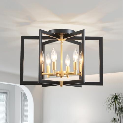 Ceiling 6-Light Black and Gold 20" Modern Geometric Semi Flush Mount Ceiling Lighting Fixture for Kitchen Island Living Room Dining Room Entryway