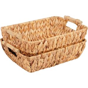 Wicker Storage Baskets with Wooden Handles, Hand-Woven Water Hyacinth Storage Organizers for Throw Blankets, Bedroom, Living Room, Laundry(2 Pack)
