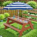 Kids 3-in-1 Sand & Water Activity Table, Wood Outdoor Convertible Picnic Table, 2 Play Boxes, Removable Top with Faucet, Picnic for Outdoor (Brown/Navy), 28" x 19.7" x 23.2"