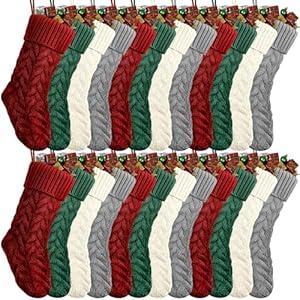 Vinsot 16 Pcs Christmas Stockings Bulk 18 Inches Large Rustic Cable Knitted Christmas Stocking Fireplace Hanging Stockings Gifts for Family Holiday Xmas Party Decorations (4 Colors)