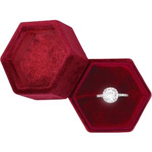 BLUTETE Hexagon Velvet Jewelry Single Slot Ring Box Engagement Wedding Box Keepsake Box Bridal Photo Ring (Red)