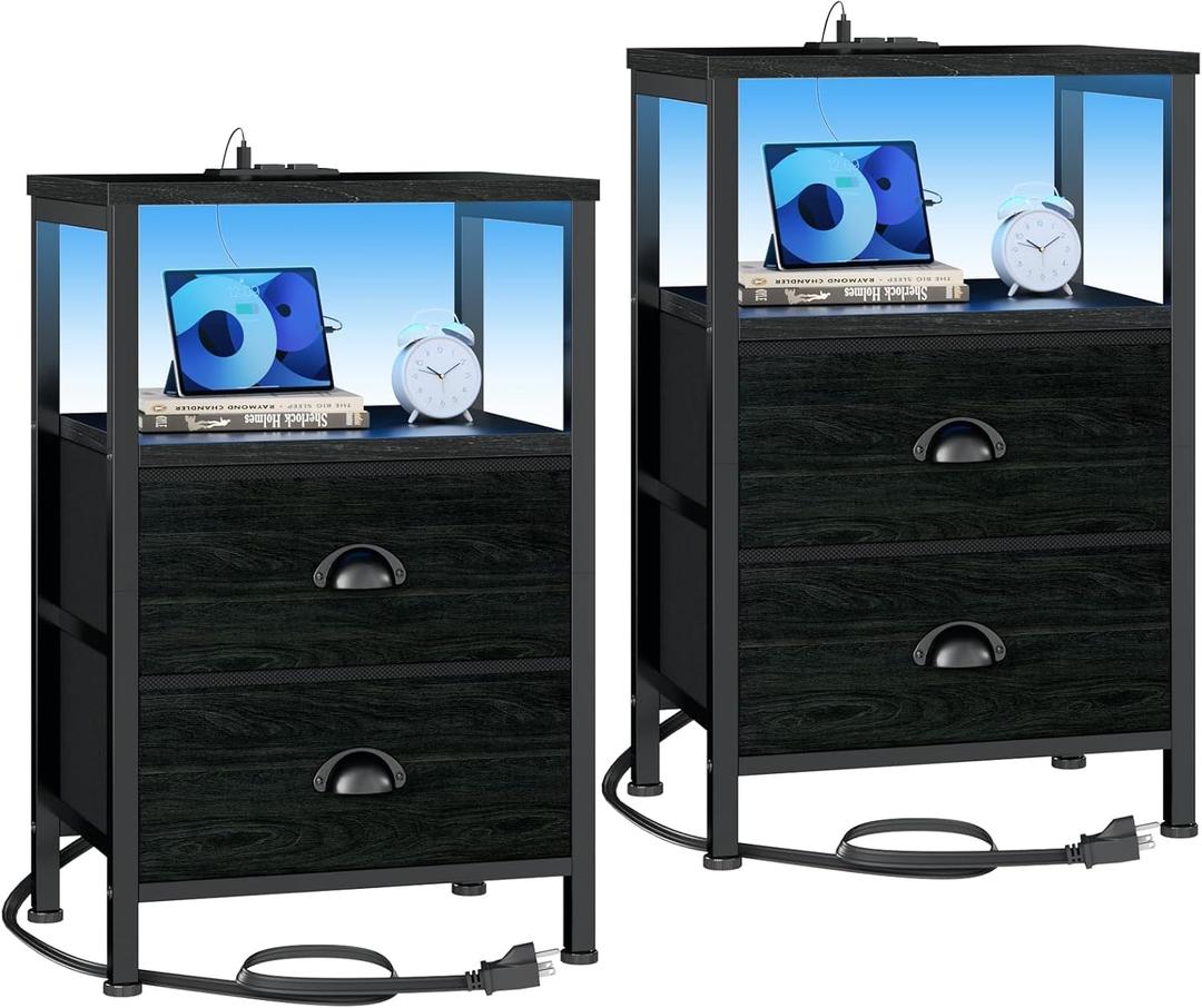 Furologee Nightstands Set of 2, End Tables with Charging Station and LED Lights, Black Night Stands with 2 Fabric Drawers, Bedside Tables Set of 2 for Living Room/Bedroom,Black Oak