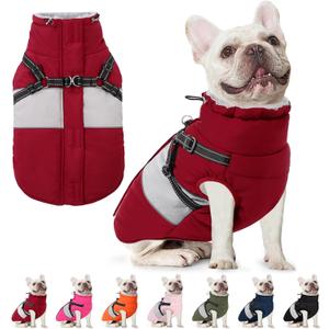 AOFITEE Dog Coat, Warm Dog Jacket with Harness Built in, Waterproof Coats for Small Dogs, Dogs Winter Coat Puffer Jacket with Zipper & Fleece Collar, Pet Snowsuit Sweater for Chihuahua Yorkshire, XS (Burgundy)