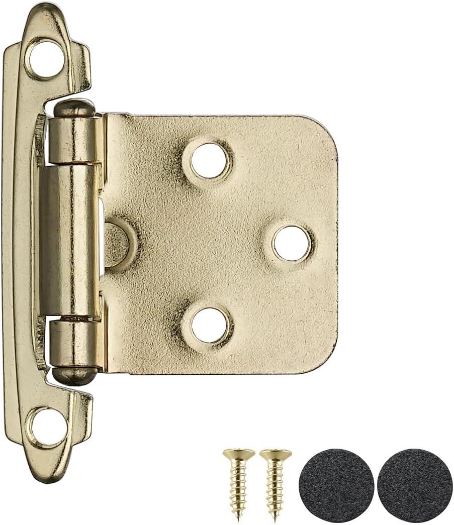 JQK 1/2 Inch Overlay Cabinet Door Hinges Gold, 10 Pack 5 Pairs Flush Face Mount Cupboard Self-Closing Kitchen Cabinet Hinges with Door Bumper, CH200-BG-P10 