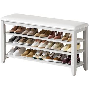 Shoe Rack Bench Entryway Storage with Leather Cushion, Shoe Organizer Bench for Entryway, Ideal for Front Doors Entrances Hallway Mudroom Featuring Rubberwood And 3 Height-Adjustable Removable Shelve