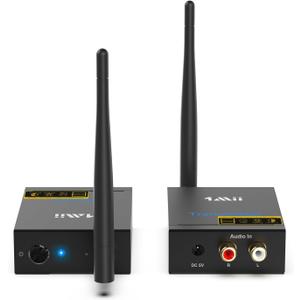 1Mii 2.4Ghz Wireless Audio Transmitter Receiver for TV, 320ft Long Range 20ms Low Delay 192kHz/24bit HiFi Audio, Wireless Adapter Kit for Subwoofer/Powered Speaker/Stereo/Soundbar, RCA(3.5mm)Out/input (2 in 1)