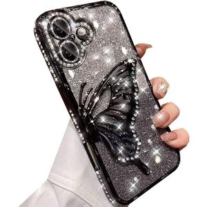 for iPhone 16 Plus Glitter 3D Butterfly Case,Cute Luxury Bling Sparkly Diamond Rhinestones Liquid Flowing Case with Camera Protector TPU Bumper Women Girls Case for iPhone 16 Plus 6.7", Black