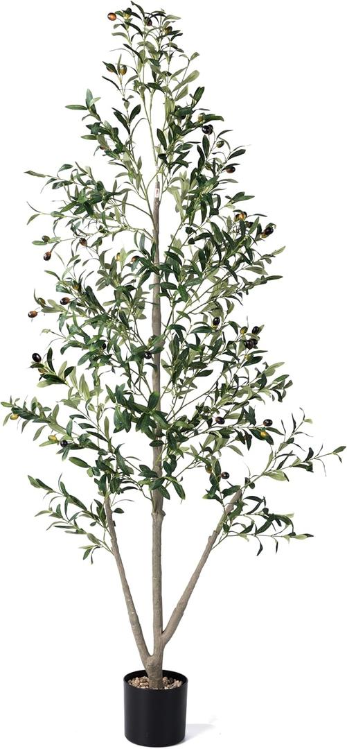 Olive Tree, 6FT Tall Faux Olive Tree with Moss and Planter, Olive Trees Artificial Indoor with Realistic Wood Trunk and Lifelike Fruits, Fake Tree for Home Office Living Room Decor