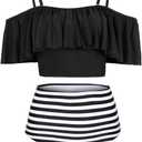 Kaei&Shi High Waisted Flounce Bikini Set,Tummy Control Swimsuits for Women,Off Shoulder (Medium, Black Stripe)