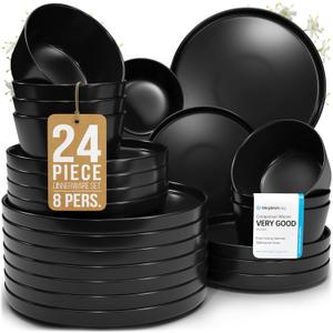 Stoneware dinnerware set 8 persons 24 pcs  Ultra chic matte black plates and bowls set  Dishwasher and microwave safe  Bowl and plate set  Dinner service Pure Living