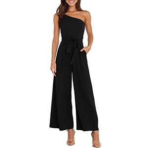 ANRABESS Women Summer Dressy Jumpsuits One Shoulder Sleeveless Casual Wide Leg Pants Romper Jumper 2025 Trendy Fall Outfits Black Small