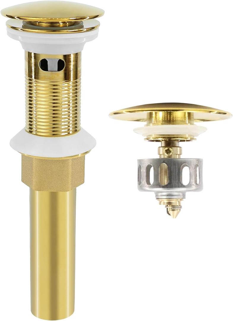 Bathroom Sink Drain, Gold Drain Stopper Bathroom Sink with Overflow, Pop Up Drain Assembly with Detachable Strainer Basket, Built-in Anti-Clogging Strainer, Stainless Steel Gold (Gold-big Cap)