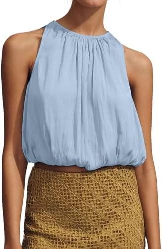 Ythomm Women’s Halter Crop Bubble Tops Summer Sleeveless Crewneck Puffy Hem Cropped Tank Tops Fitted Cute Going Out Shirt Top, Small