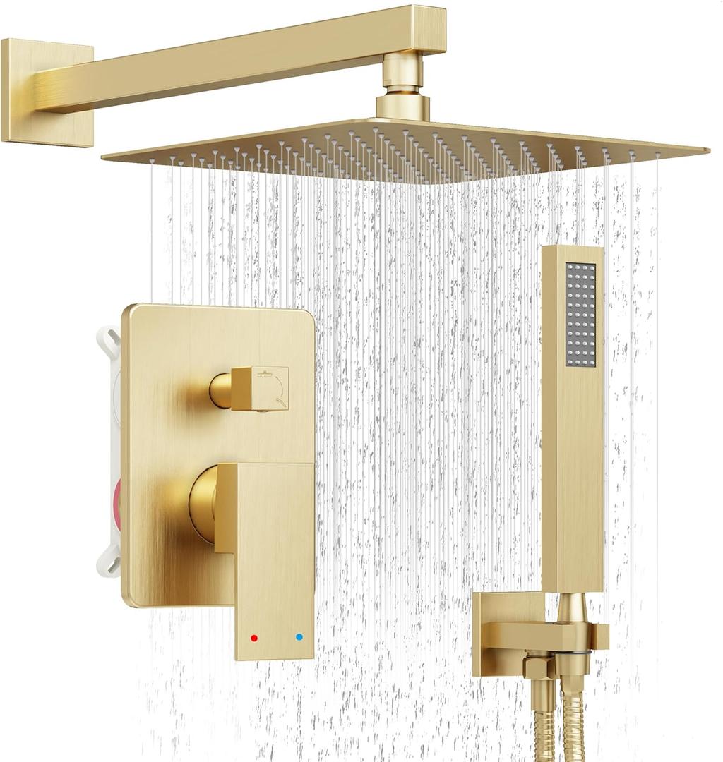 HoliSpa Gold Shower System, Shower Faucet Set with 10-Inch Rain Showerhead and Handheld Spray, Wall Mounted High-Pressure Showerhead Combo Set Included Valve and Trim, Brushed Gold