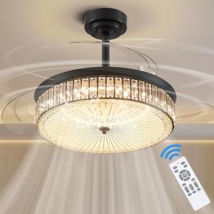 42 Inch Retractable Ceiling Fan with Light, Modern Ceiling Fan, Dimmable 6 Speeds Reversible Silent DC Motor, 3 Light Color Change, Retractable Blade Ceiling Fan, Black