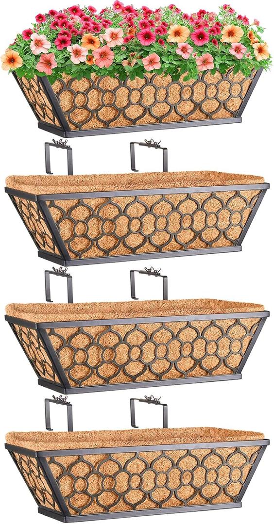 Riare 4 Pack 16 Inch Window Boxes Planters with Coco Liner, Metal Deck Railing Planter Boxes, Balcony Planters Railing Hanging, Horse Trough Window Flower Planter Boxes for Outdoor Porch Fence Patio