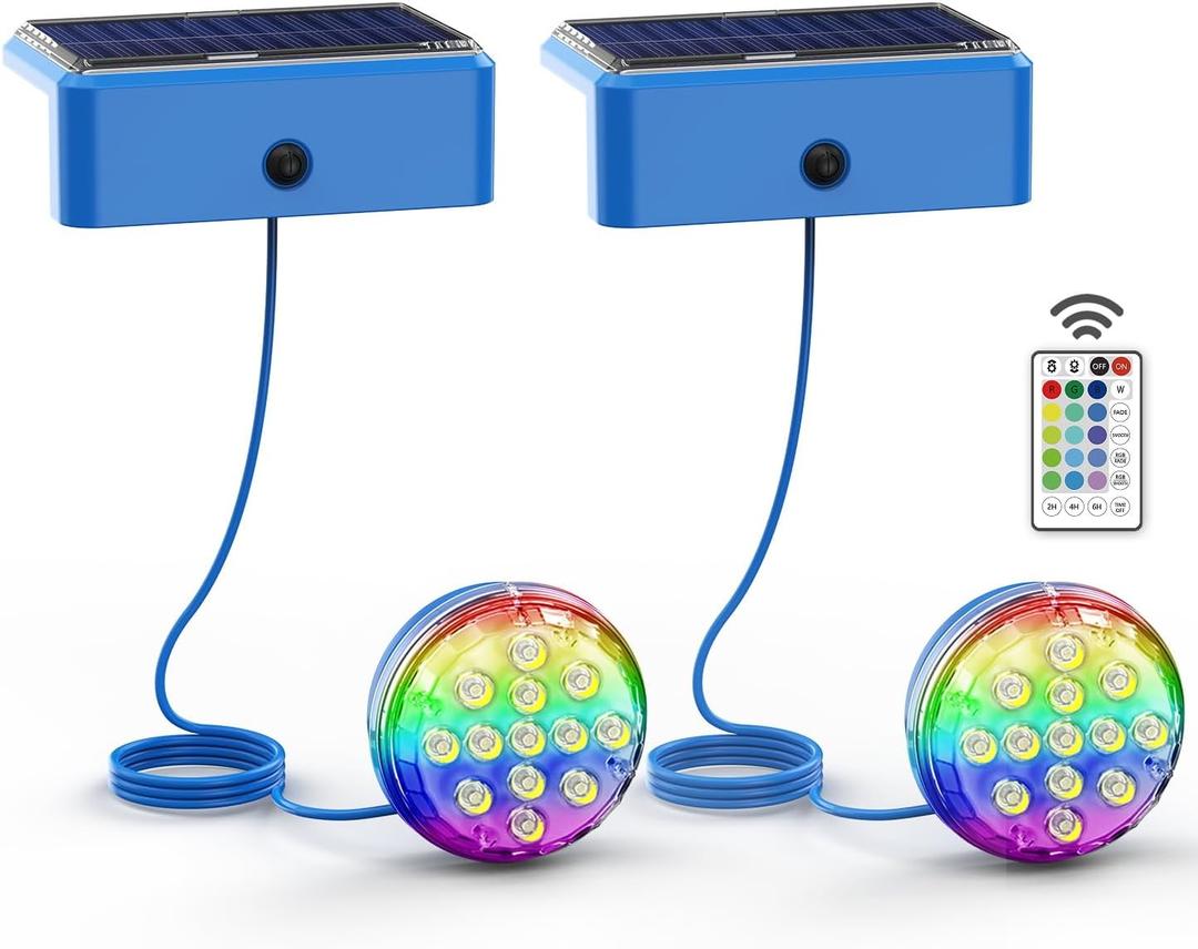Solar Pool Lights, Solar Powered Submersible LED Lights with Remote IP68 Waterproof, Swimming Pool Light, 16 Colors Pool Light for Frame Above Ground Inground Pool, Pond (Blue, 2 Pack)