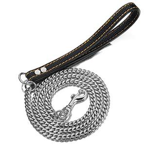 Aiyidi Heavy Duty Stainless Steel Dog Chain Leash, 5FT Cuban Link Metal Dog Leashes, for Large Medium Small Dogs, with Genuine Leather Handle (Silver, 5FT)
