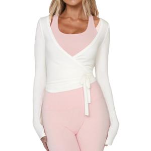 Women Ballet Wrap Top Long Sleeve Self Tie Dance Shirt Pilates Yoga Tops Y2k Workout Active Blouses (White, S)