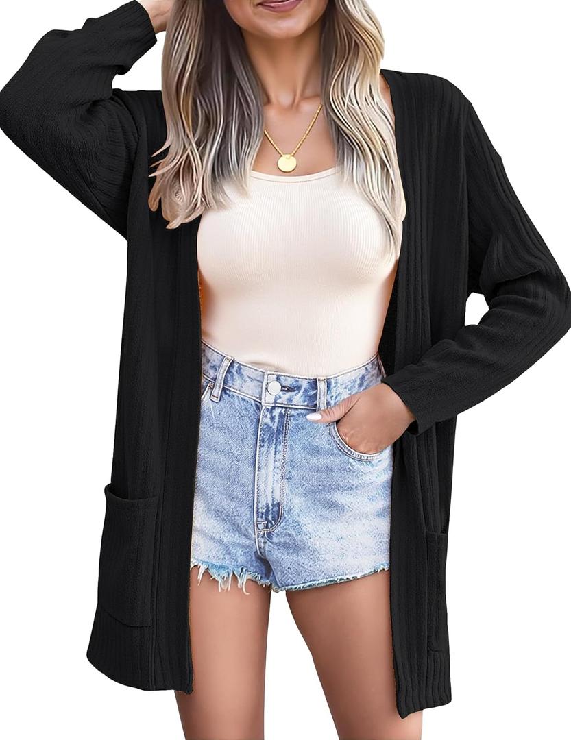 SimpleFun Cardigan Sweaters for Women Knit Open Front Cardigans Casual Loose Fall Sweater with Pockets (Large, Black)