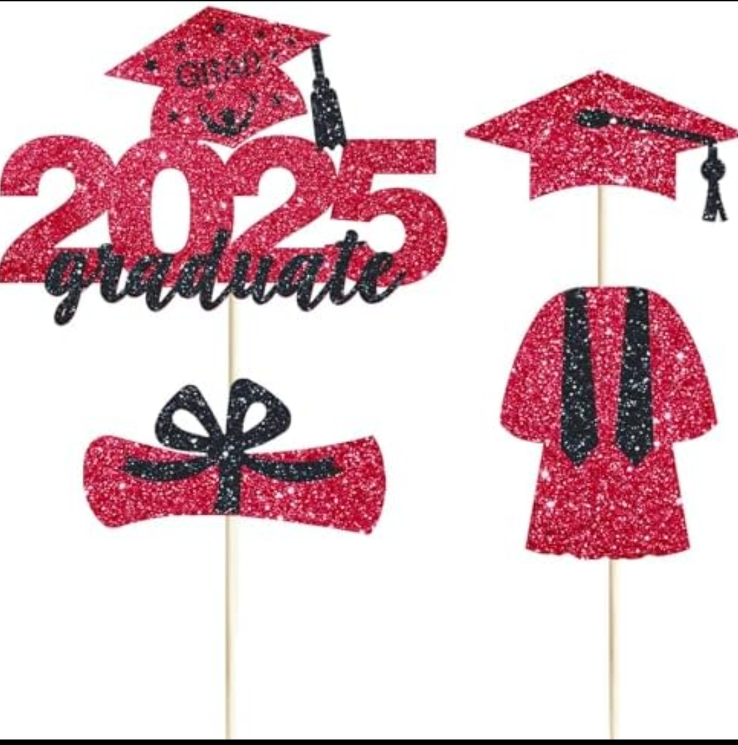 4 Pcs 2025 Graduate Cake Topper Red Glitter Congrats Grad Cake Topper Class of 2025 Cake Decor for 2025 Senior High School/College/University Happy 2025 Graduation Party Supplies Decorations, 3pack