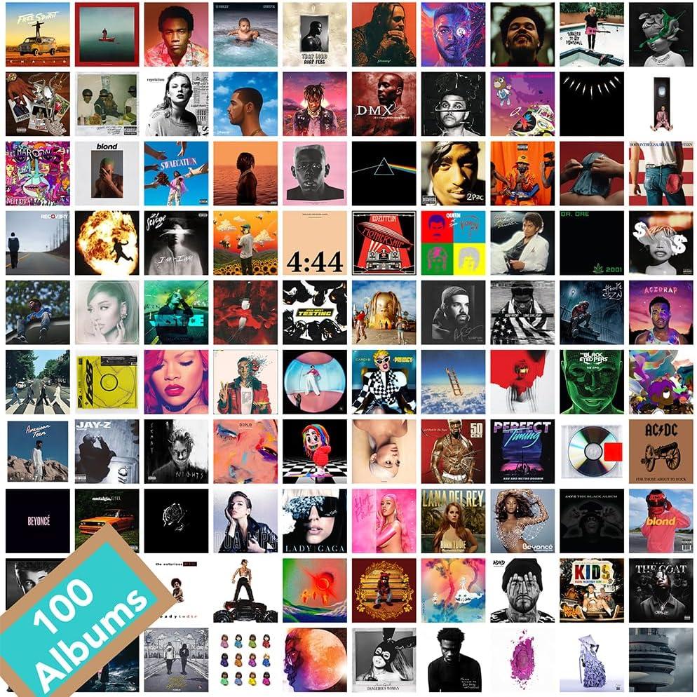 100 Album Cover Square Printed Photos 4x4 Inches Collage Kit Music Posters for Room Aesthetic Wall Art (B)