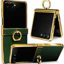 Genuine Leather Case for Samsung Galaxy Z Flip, Military-Grade Drop Protection, Hinge Protection Cover with Ring Kickstand, Gold Trim (Green, Z Flip7)