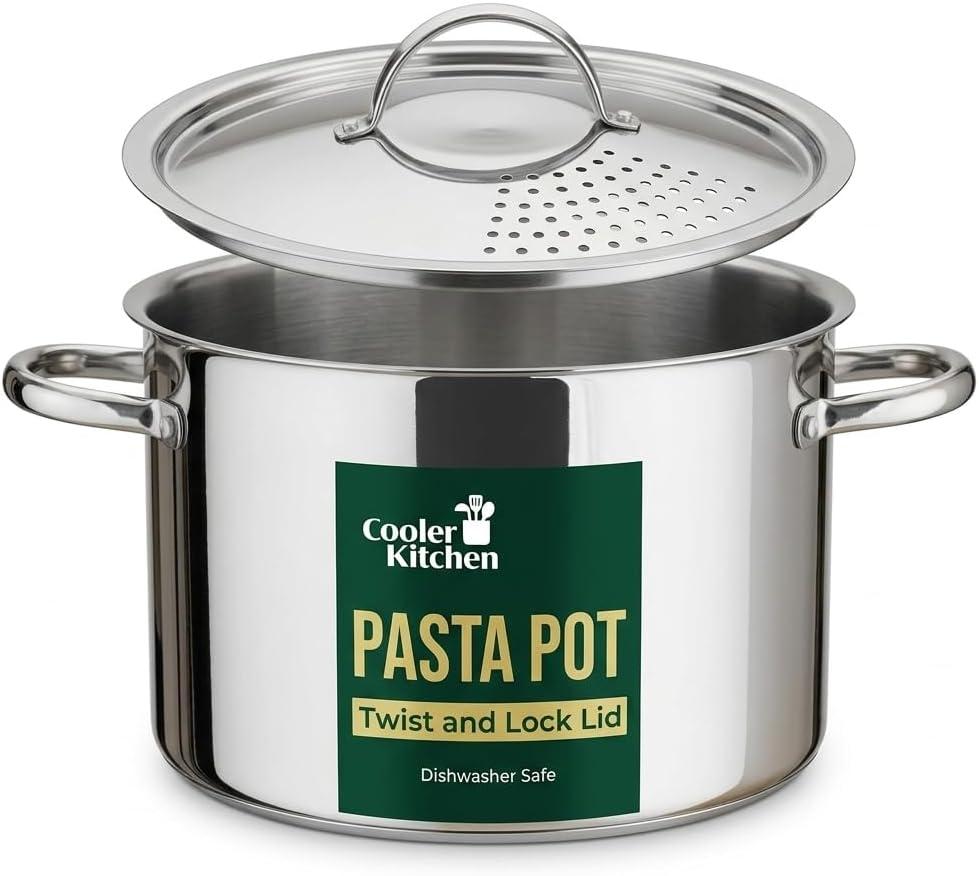 Stainless Steel Pasta Pot with Strainer Lid - 5.5 Qt Large Capacity Spaghetti Pot with Twist Lock Lid - Deep Cooking and Stock Pots for Boiling, Dishwasher Safe By Cooler Concepts