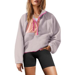 Yanekop Womens Fuzzy Fleece Pullover Sherpa Sweatshirt Long Sleeve Button Down Sweater Jacket with Pockets (Medium, Purple Pink)