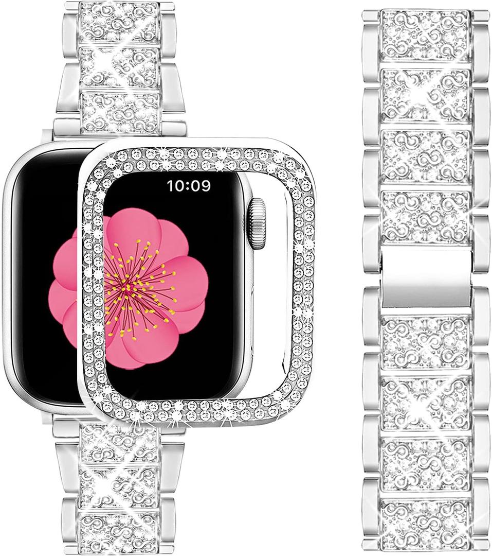 SUPOIX Compatible with Apple Watch Band 42mm + Case, Women Jewelry Bling Diamond Metal Bands & 2 Pack Protective Cover Cases for iWatch Series 3/2/1(Silver/42mm)