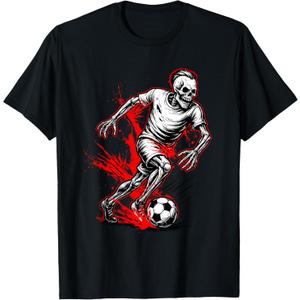 Skeleton Soccer Player - Spooky Halloween Ghost T-Shirt, Large