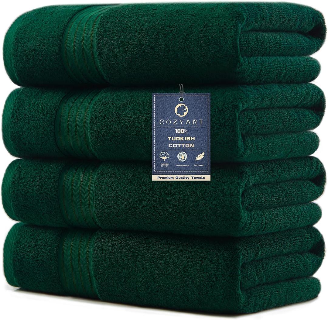COZYART Luxury Bath Towels 4 PCS, 27x54 650 GSM Turkish Cotton, Dark Green | Zero Twist 100% Ring Spun Cotton, Fluffy, Ultra Soft, Super Absorbent, Quick Dry, Large Towels for Hotel Spa Bathroom Shower, 4 Piece Bath Towels