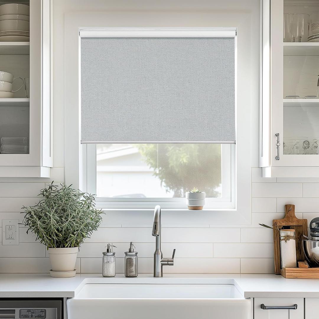 ChrisDowa Cordless 100% Blackout Roller Shade, with Striped Jacquard, Thermal Insulated, UV Protection Fabric, Total Blackout Blinds for Window, French Doors, Home and Office. Light Grey, 29"W x 72"H