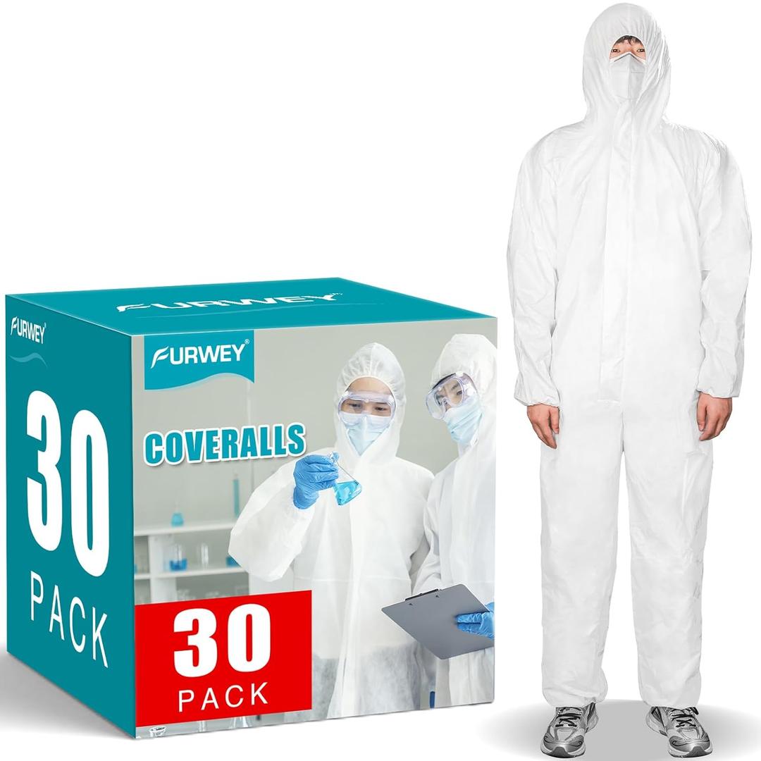 FURWEY Hazmat Suits,30Pack Disposable Coveralls,Heavy Duty Full Body-L | Protective Coveralls, Heavy Duty, Full Body Painters Suit, Elastic Wrists Ankles Hood, Men & Women, 5 Sizes