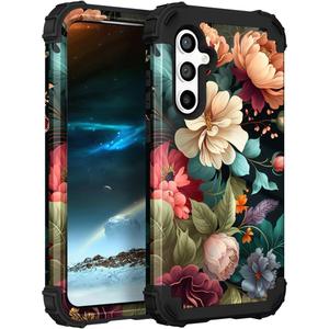 PIXIU Unique Flower Pattern Compatible with Samsung Galaxy S24 FE case, Heavy Duty Dual Layer Shockproof Full-Body Protective Sturdy Hybrid Cute Rugged Case for Women,Girls,Kids-Black Floral