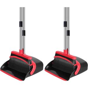 NACENA Broom and Dustpan Set, 52-in Long Adjustable Handle Broom Dustpan Combo with Dustpan Teeth to Automatically Clean Hair Suitable for Home Kitchen Office Hall Floor (Black&Red), 2 Pack