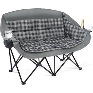 Double Camping Chairs Padded Loveseat Chair for 2 Person - Heavy Duty Oversized Camping Couch for Adults Outdoor Lawn Beach Portable Folding Sofa with Cup Holders Support 600lbs, Grey
