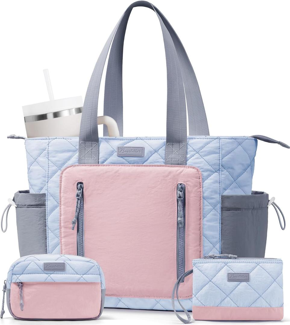 Puffer Tote Bag for Women, Lightweight Puffy Work Laptop Handbag Teacher Nurse Quilted School Daily Travel Gym Bag | Durable, with Zipper, 15.6" Laptop Sleeve, Large Tumbler Holder, Daily Carry On Bags, Comfy College Bags, Portable, Spacious (Blue-Pink-grey)