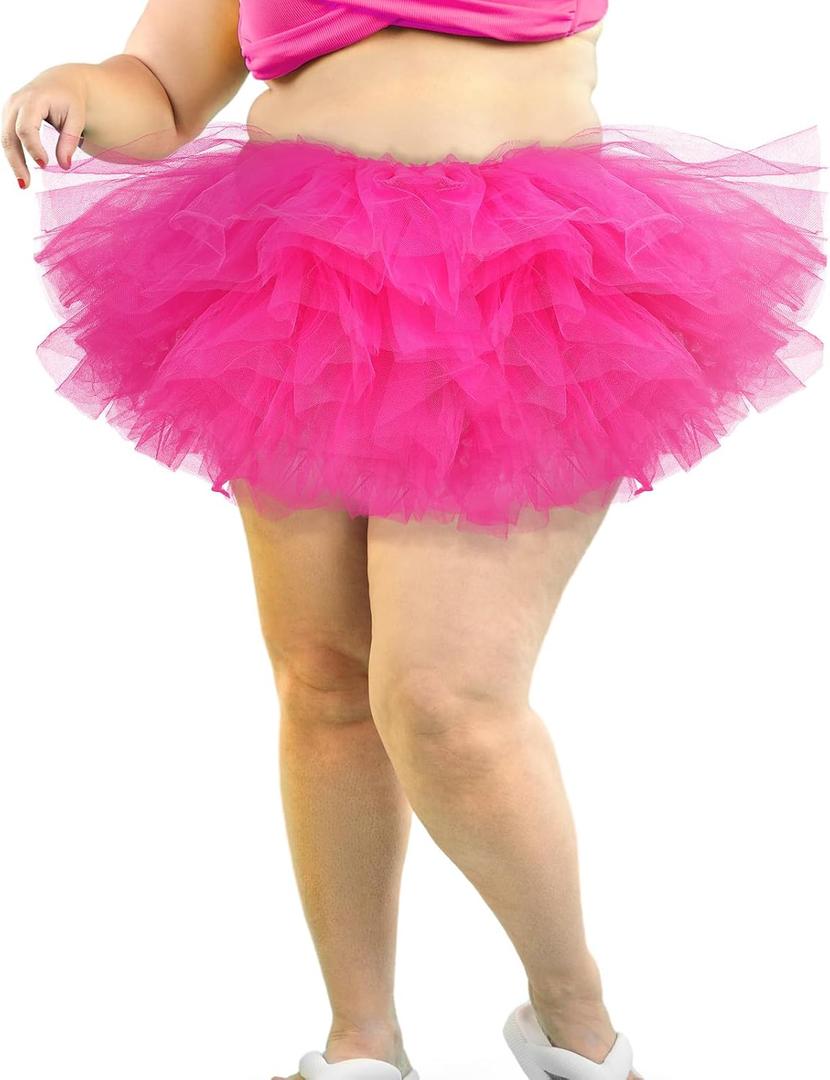 Shihanee 5 Layers Plus Size Tutu Skirt Women Adult Classic Elastic Halloween Tutu Tulle Skirt Short Lady 80's Dance (Hot Pink)