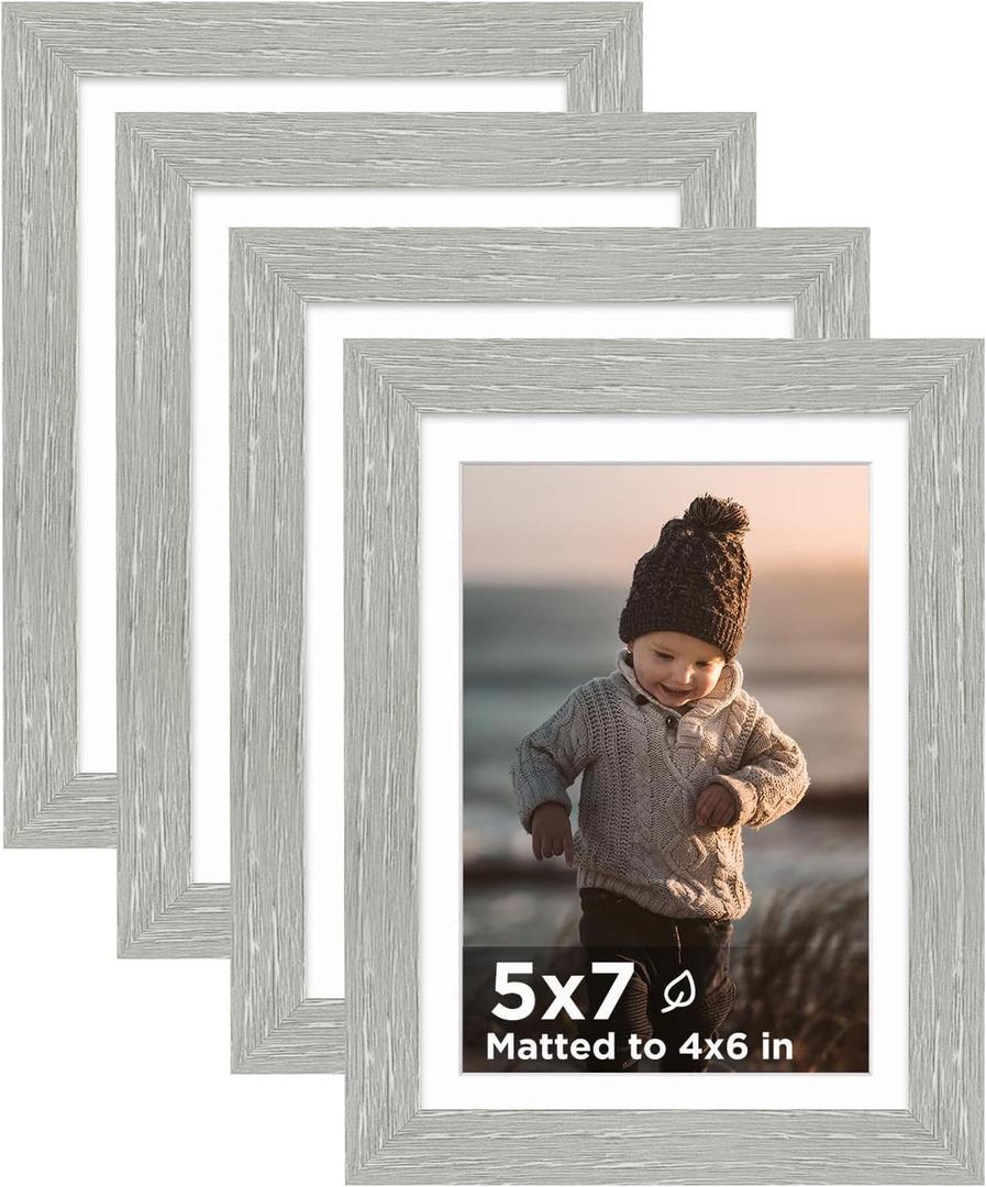 KINLINK 5x7 Picture Frame Light Grey Set of 4, Wooden Photo Frames Matted 4x6 with Plexiglass for 4x6 with Mat or 5x7 without Mat for Table and Wall Display