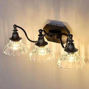 hesoge Farmhouse Bathroom Light Fixture Vintage Vanity Light with Crystal Glass Shade Black 3 Light Wall Mount Lamp Over Mirror