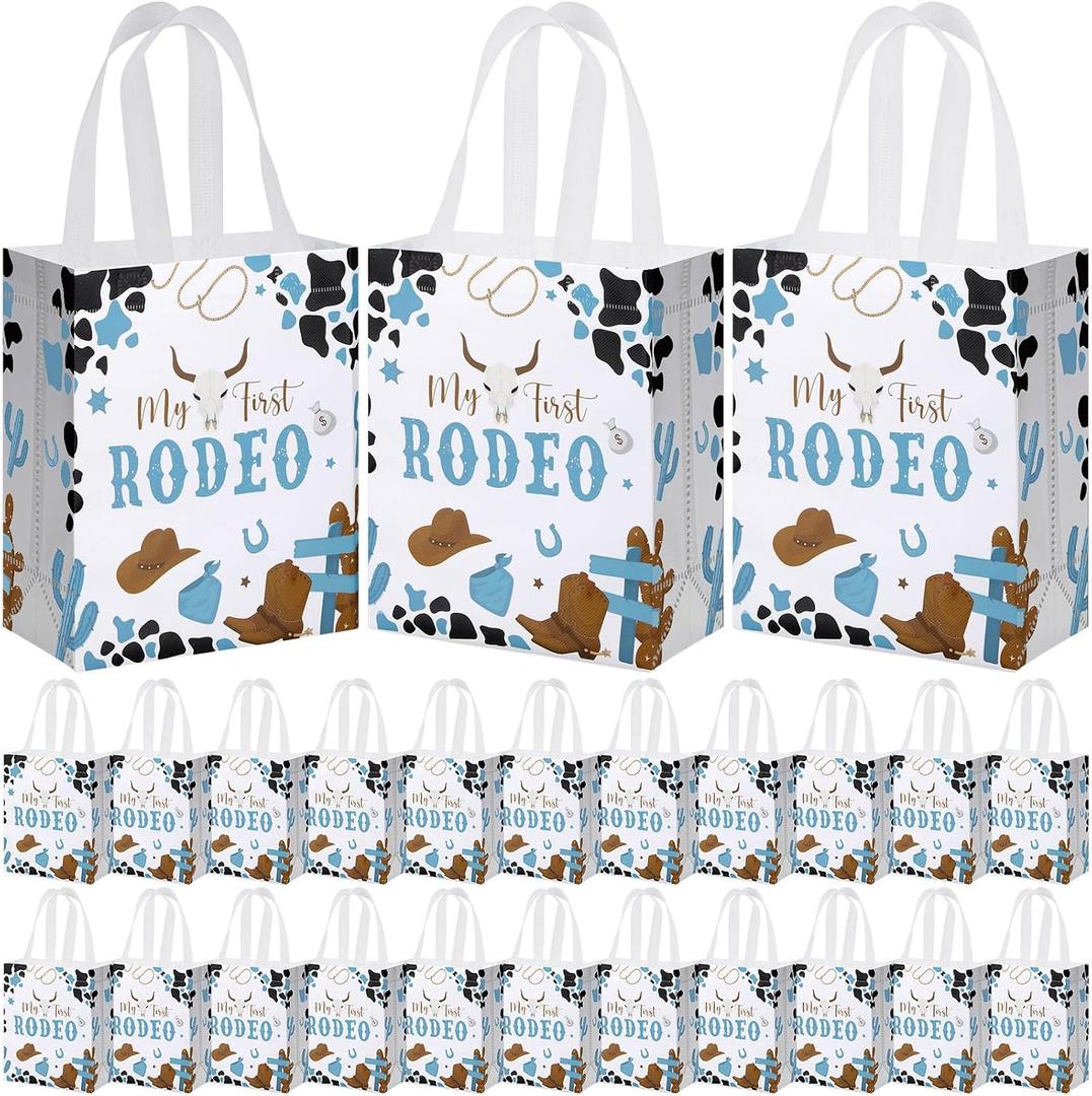 Supervitae 24 Pack My First Rodeo Gift Bags Medium Western Theme Cowboy Party Decoration Supplies Reusable Non Woven Totes for 1st Birthday Rodeo Themed Supplies Favor(9.8" x 7.9" x 3.9")